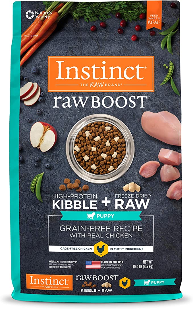 A bag of Instinct Raw Boost Grain Free Dog Food, showcasing its premium quality and natural ingredients for optimal canine nutrition.